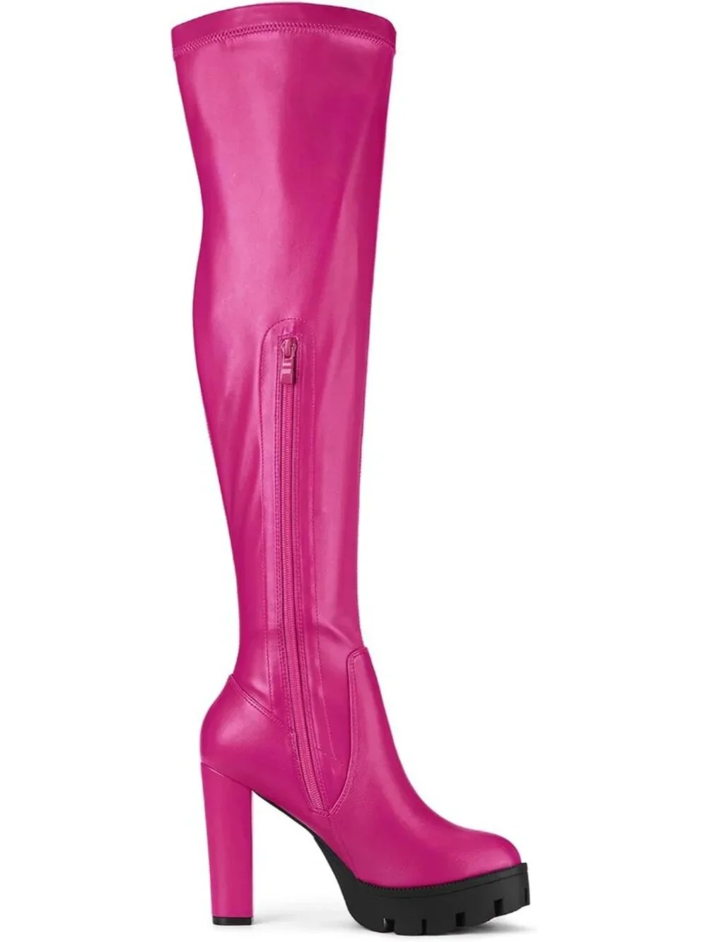 Women's Hot Pink Round Toe Faux Leather Chunky Heel Over The Knee High Boots